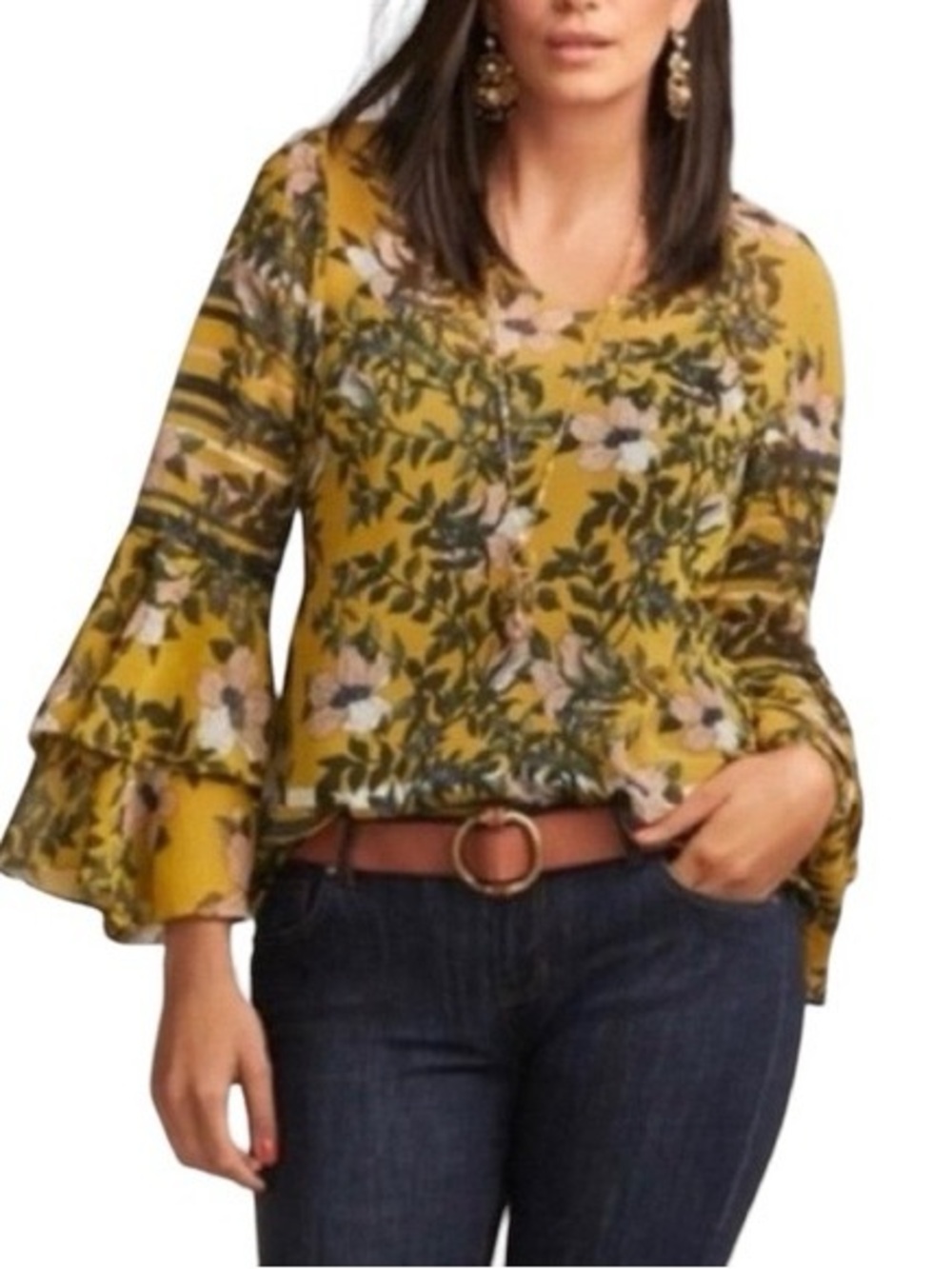 CAbi Spring Scene Gilded Floral Yellow Print Ruffle Top Style# 5518